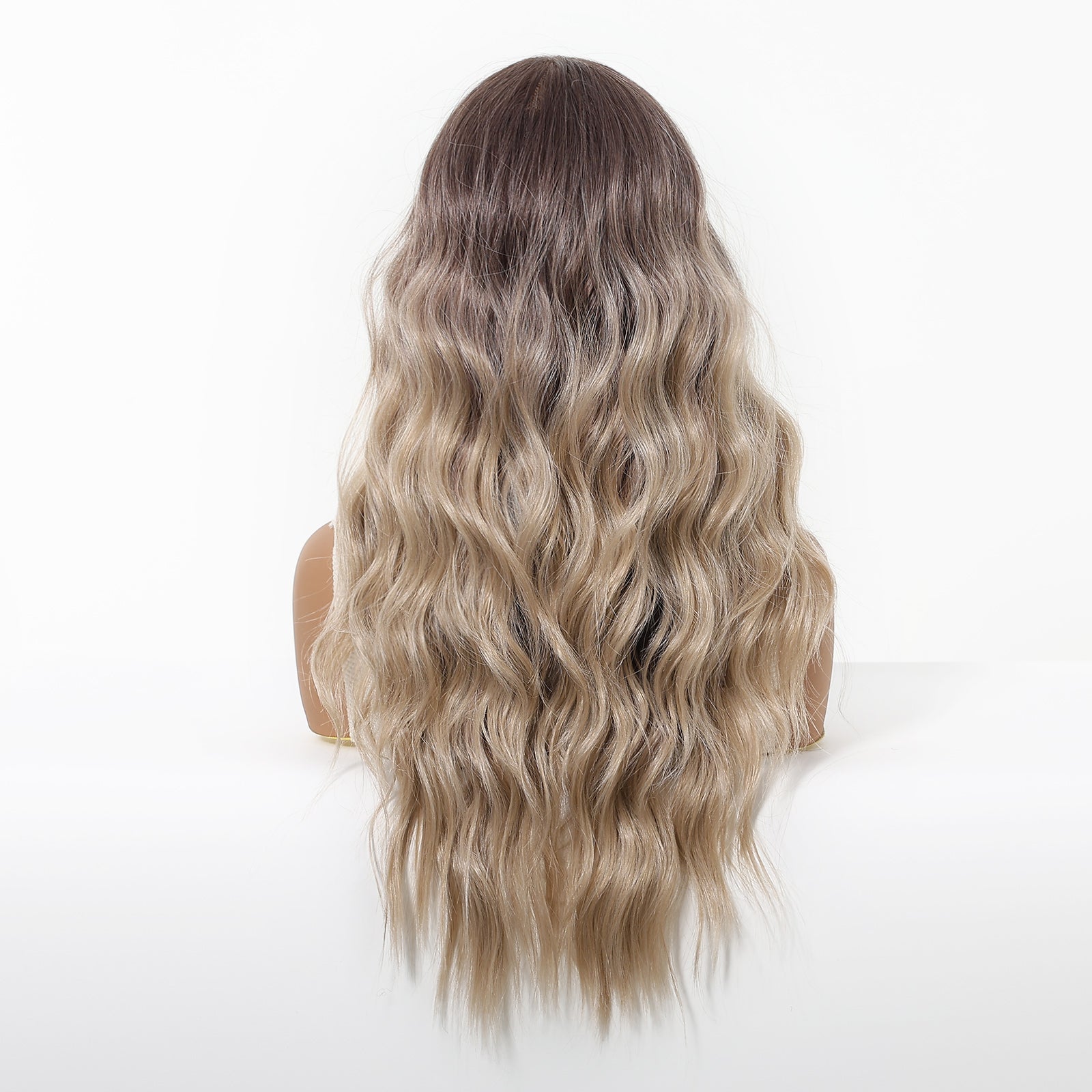 Ash blonde ombre long wavy synthetic wig with dark roots - view 4