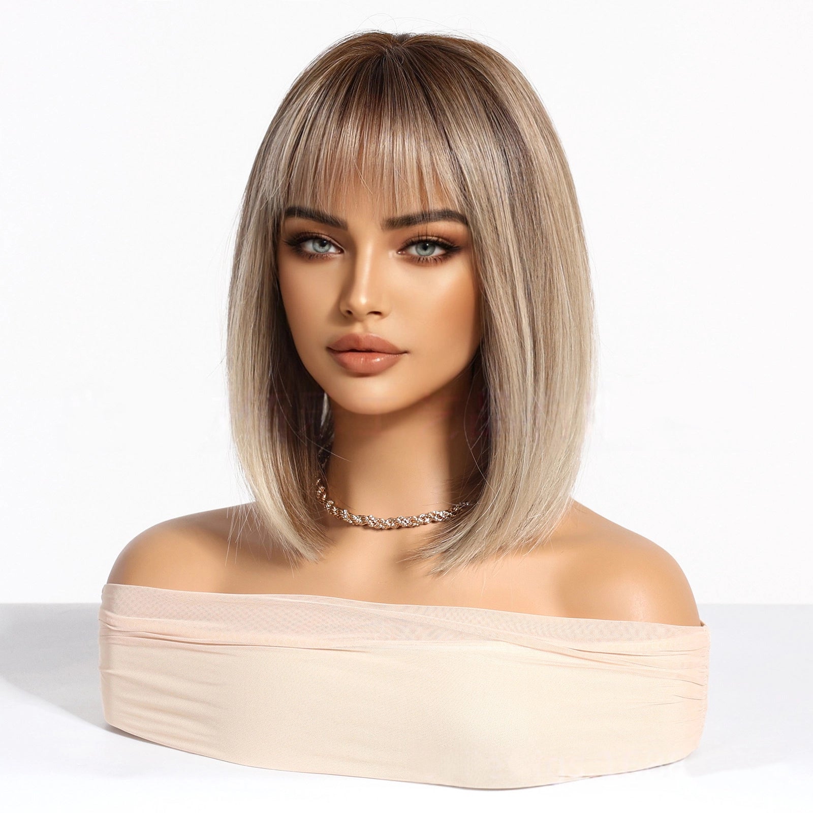 Ash Blonde Short Bob Wig with Bangs – Rooted Dark Tips Straight Synthetic Hair 14 Inch