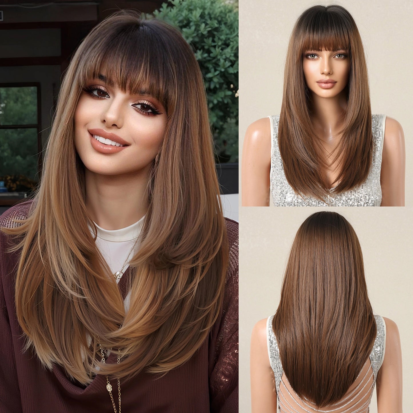Ash Brown Long Straight Wig with Bangs – Caramel Honey Blonde Highlights product image