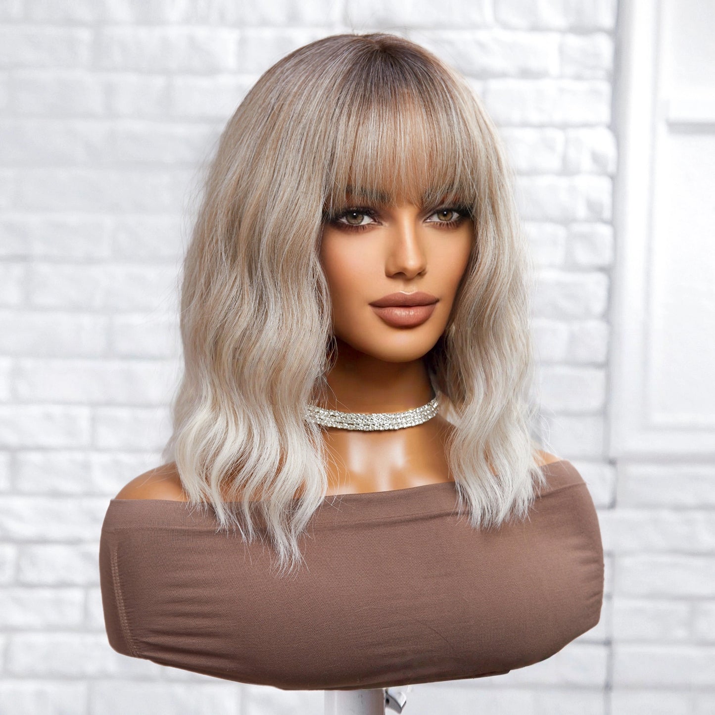 Ash Blonde Rooted Body Wave Wig with Bangs – Dark Root Platinum Tips Synthetic Hair
