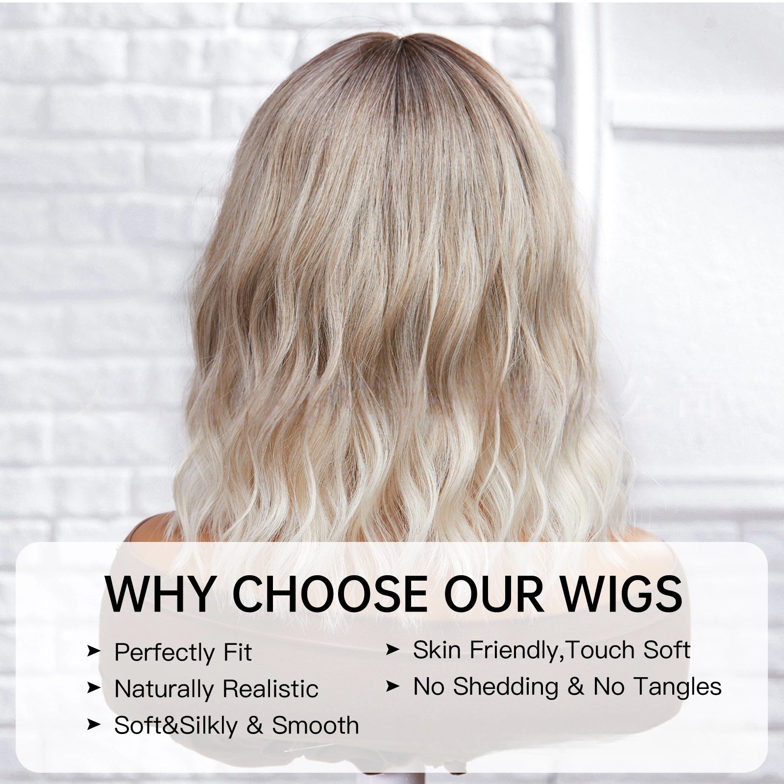 Ash Blonde Rooted Body Wave Wig with Bangs – Dark Root Platinum Tips Synthetic Hair