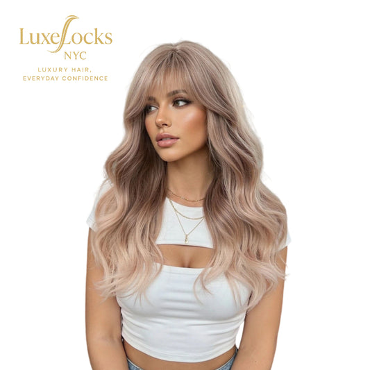 20 inch ash blonde body wave wig with bangs synthetic wig product view 1