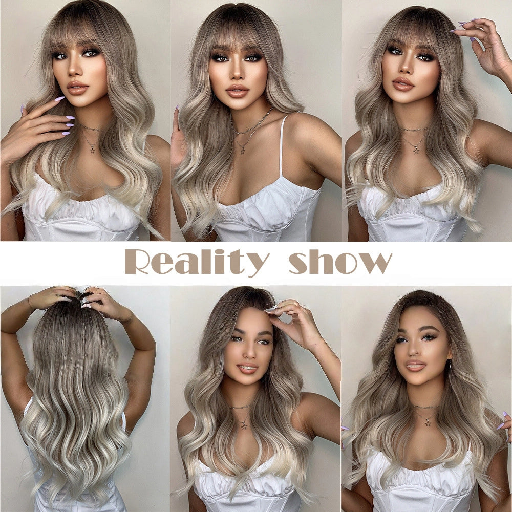 Ash Blonde Long Body Wave Wig – Dark Rooted Platinum Synthetic Hair