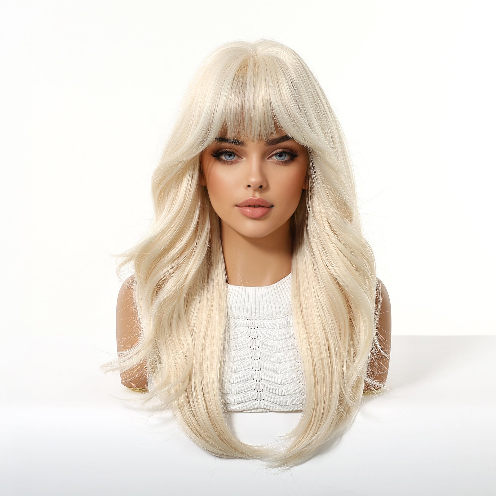 22 Inch Ash Blonde Long Wavy Wig with Bangs - Synthetic Hair