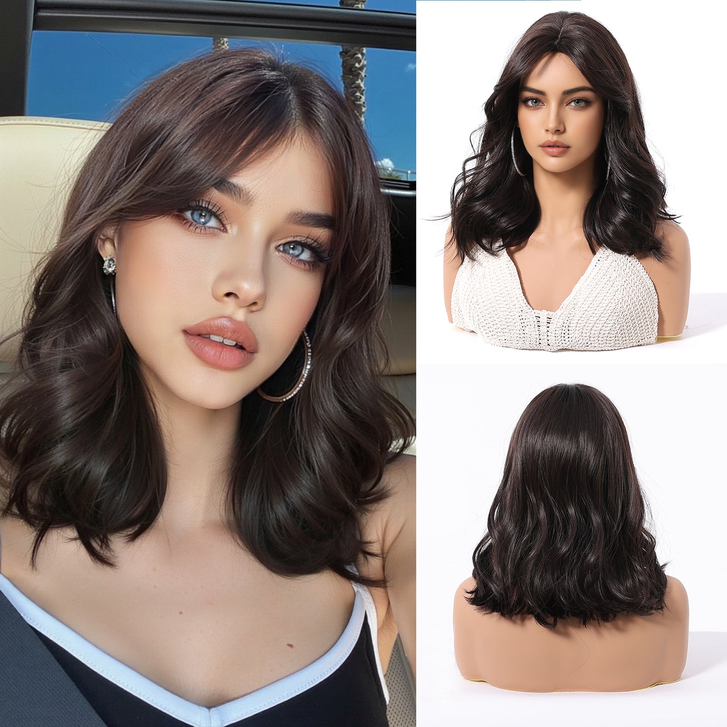 Dark Brown Short Bob Wig with Bangs – Layered Synthetic Hair 14 Inch