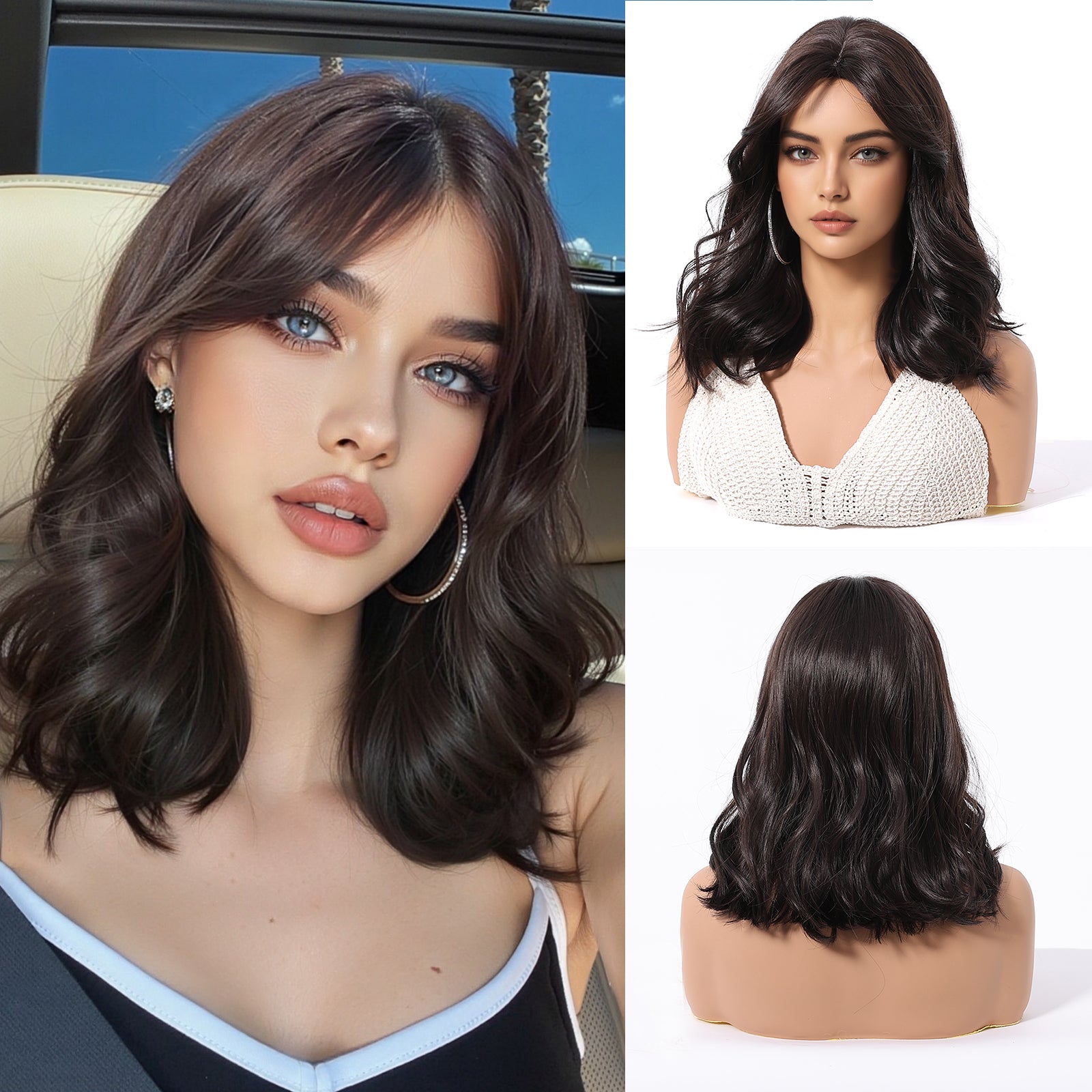 Dark Brown Short Bob Wig with Bangs – Layered Synthetic Hair 14 Inch