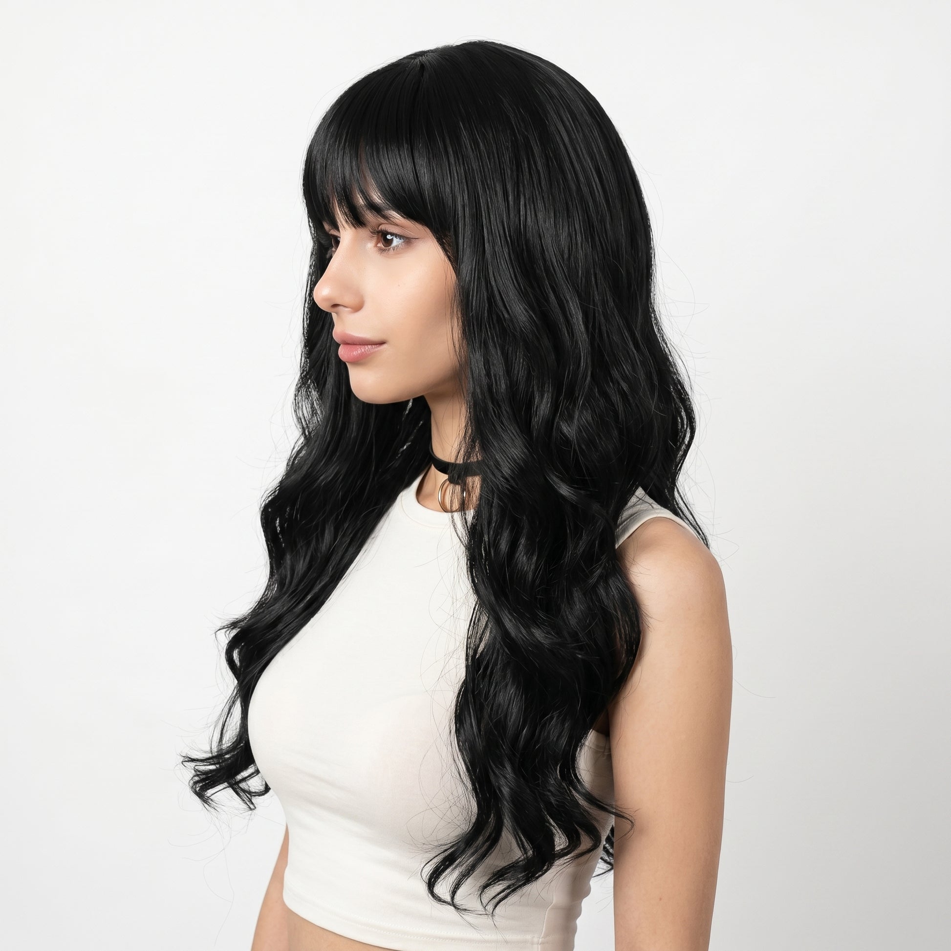 Jet Black Long Wavy Wig with Bangs - Heat-Resistant Synthetic Hair - Synthetic Wig view 4