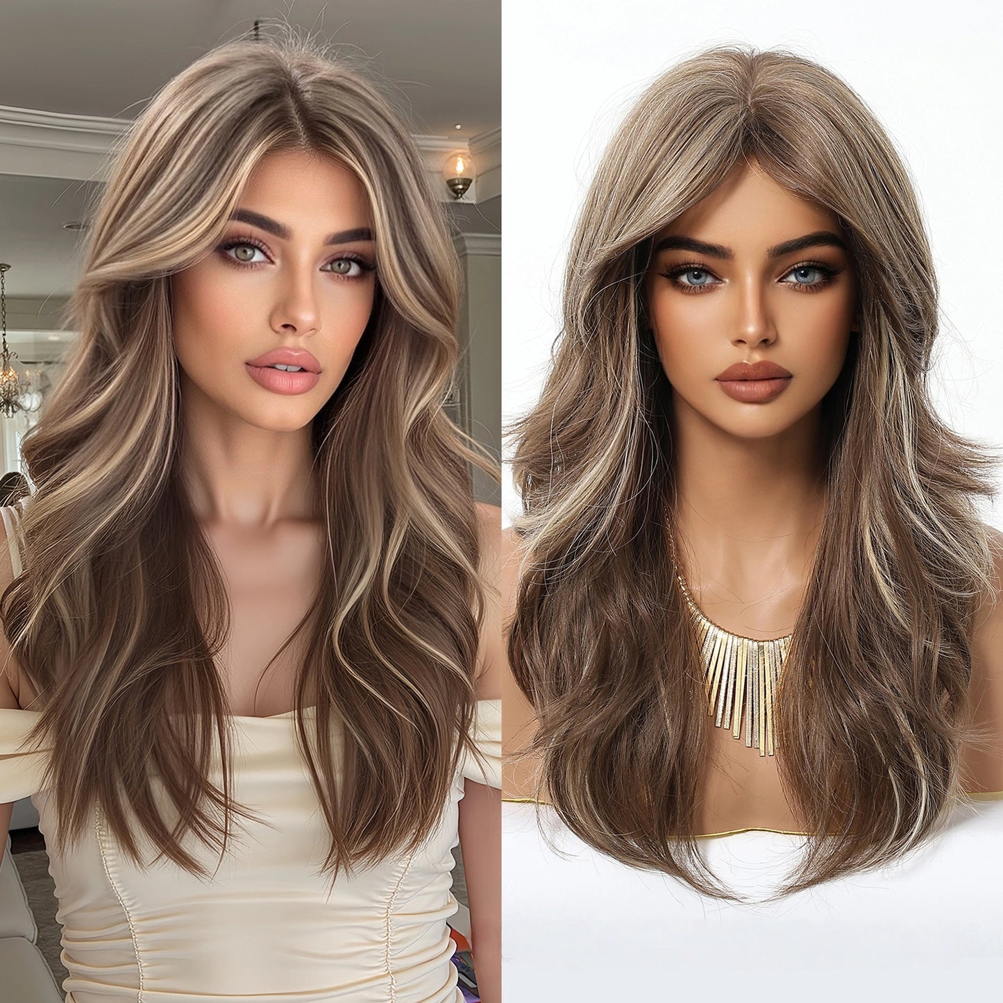 Ash Brown Honey Blonde Balayage Body Wave Wig – Caramel Highlighted Synthetic Hair 20 Inch