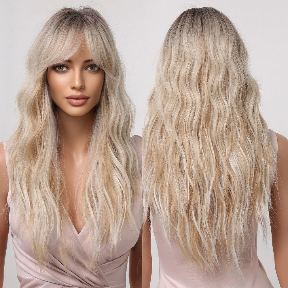 Platinum Blonde Long Body Wave Wig with Bangs – Rooted Ash Golden Synthetic Hair