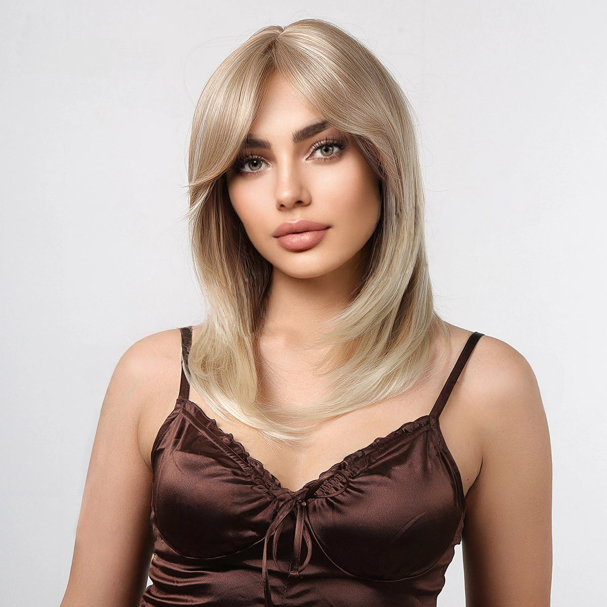 Product photo of Ash Blonde Shoulder Length Wig - Dark Rooted Platinum Tips Straight Synthetic Hair