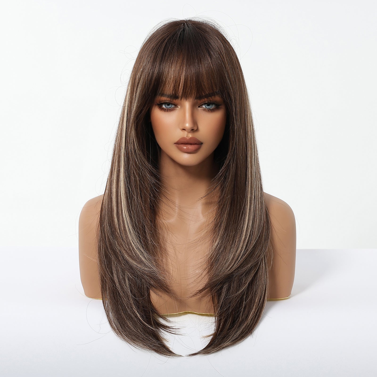 Chestnut Brown Balayage Long Wavy Wig with Bangs - Layered Synthetic Hair 22 Inch - Synthetic Wig view 2