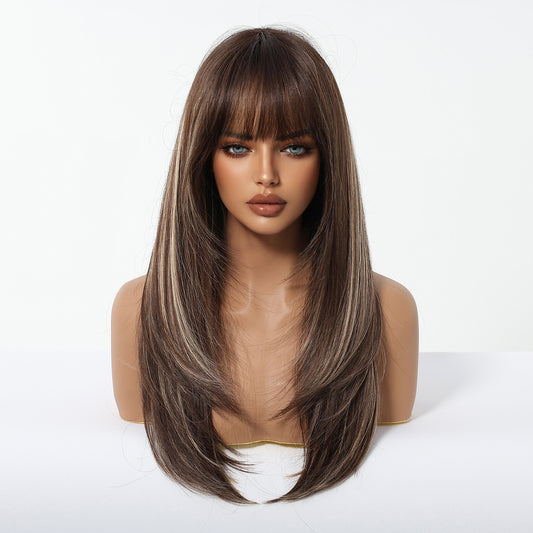 Chestnut Brown Balayage Long Wavy Wig with Bangs - Layered Synthetic Hair 22 Inch - Synthetic Wig view 2