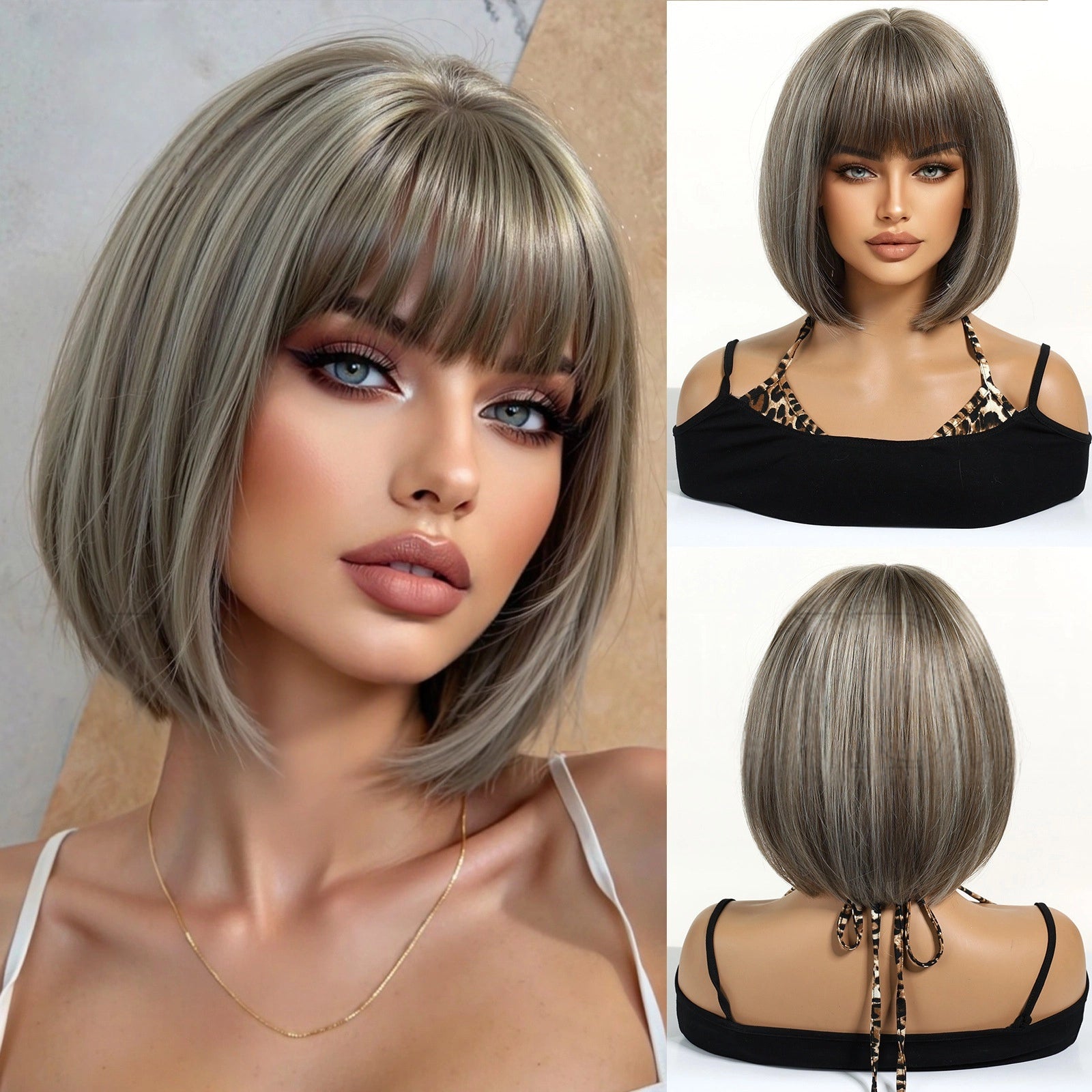 Ash Blonde Short Bob Wig with Bangs – Light Icy Cool-Tone Synthetic Hair 10 Inch product image