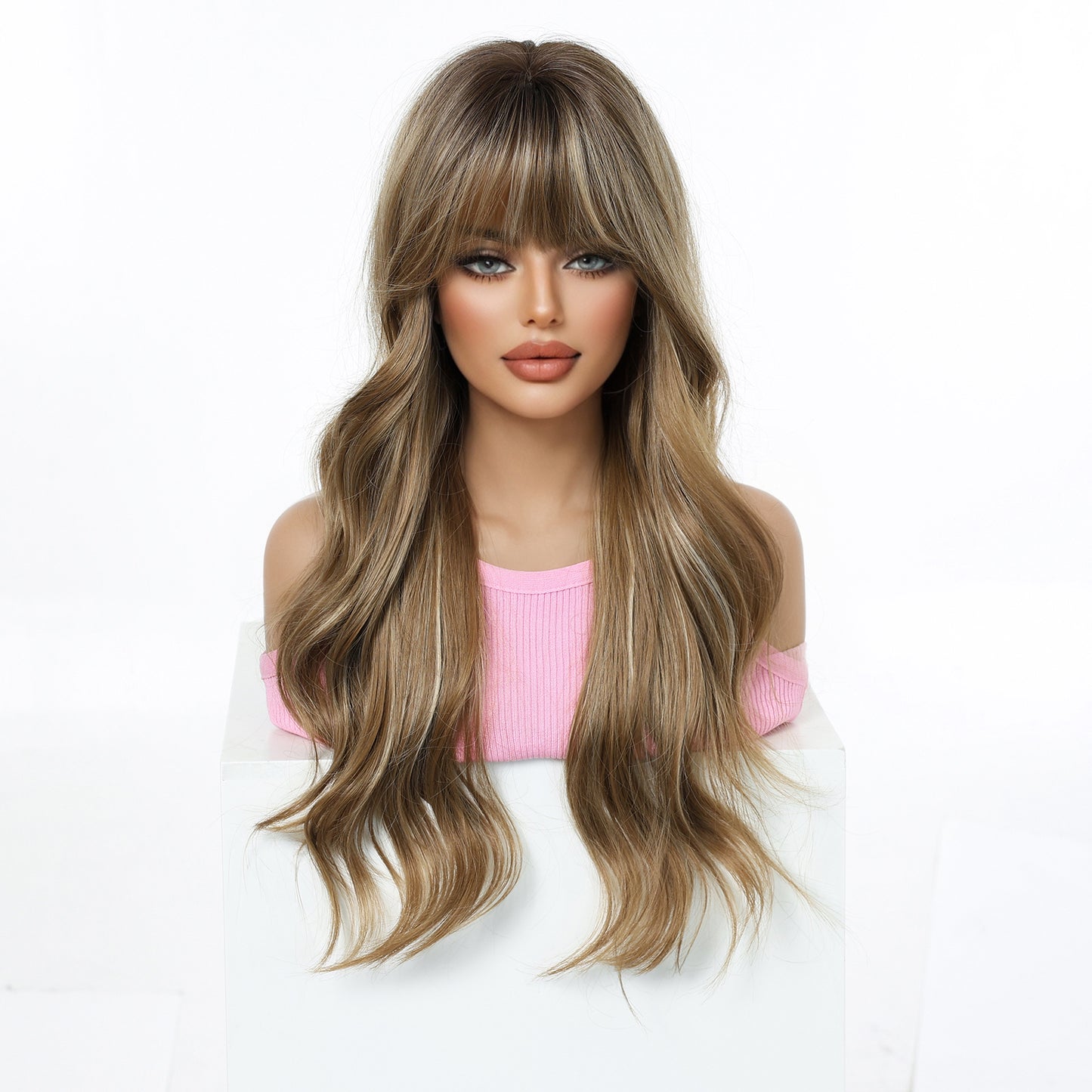 24 inch brown blonde balayage body wave wig with bangs - synthetic wig