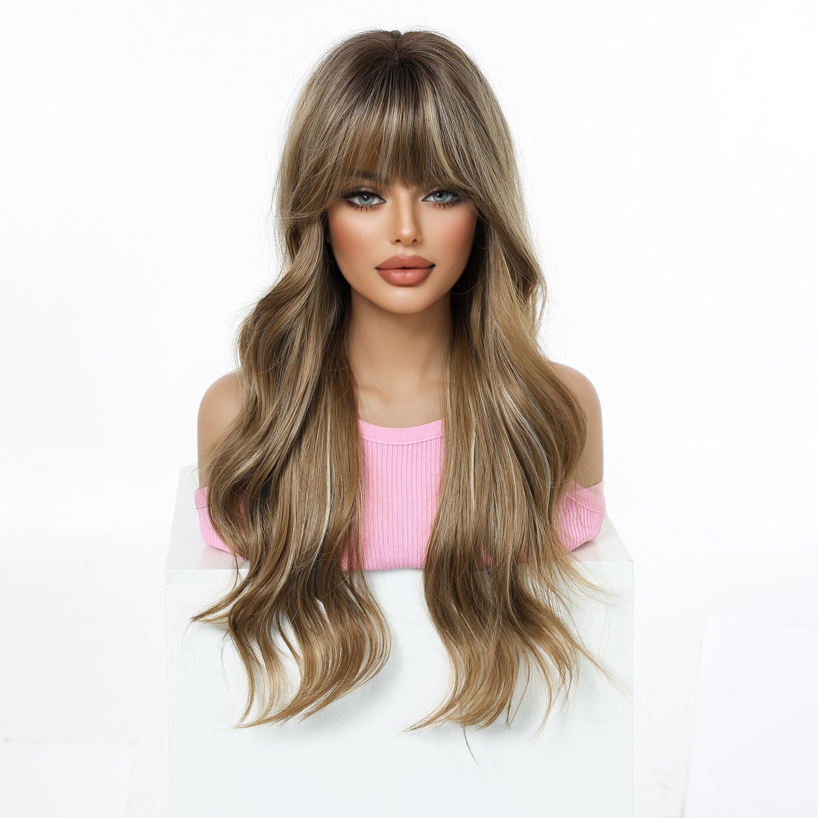 24 inch brown blonde balayage body wave wig with bangs - synthetic wig