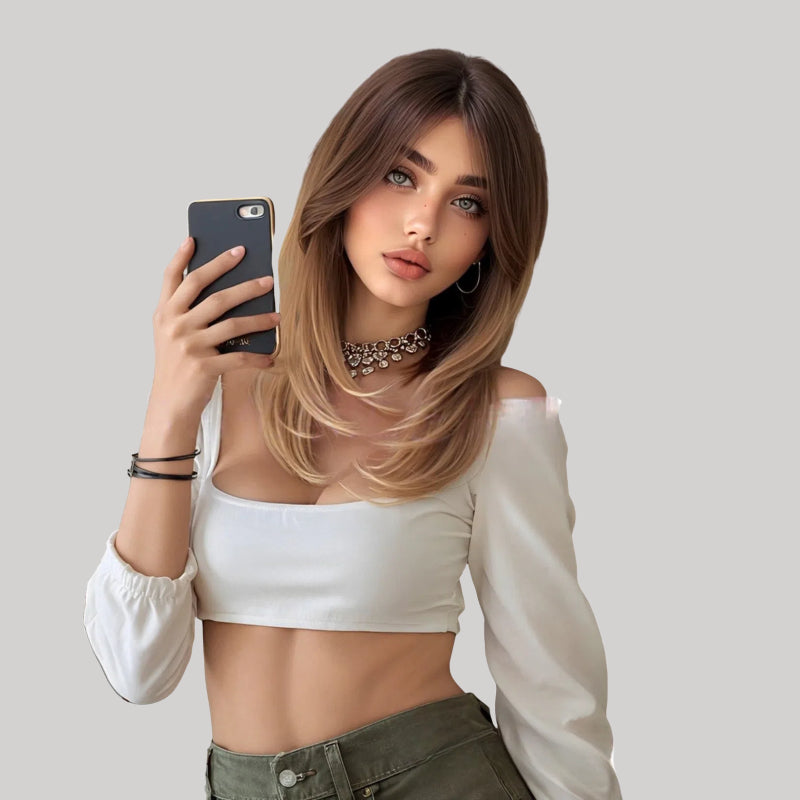 Shoulder Length Warm Brown Caramel Straight Wig with Bangs - Synthetic Hair
