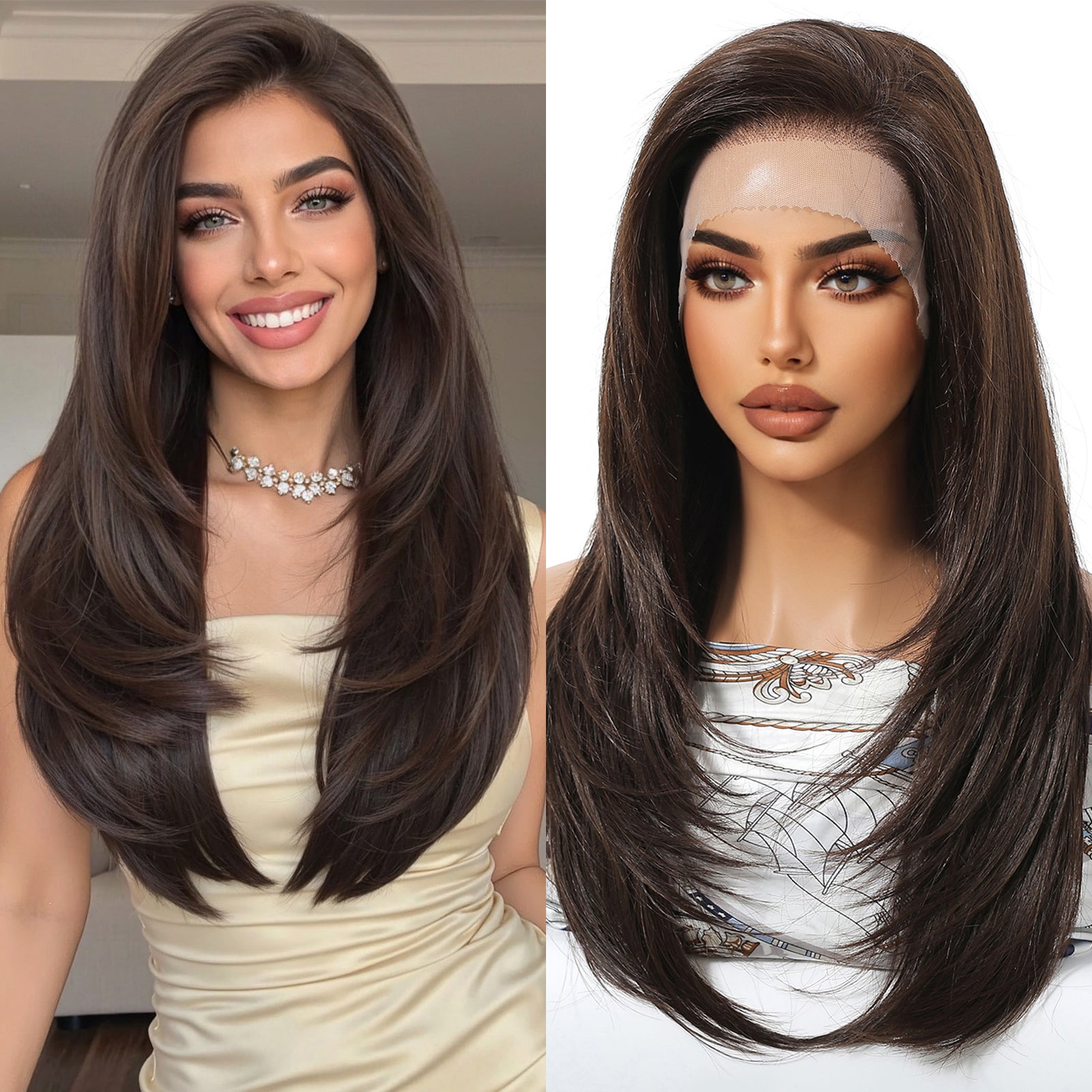 24 Inch Chestnut Brown Balayage Straight Wig - Synthetic Hair