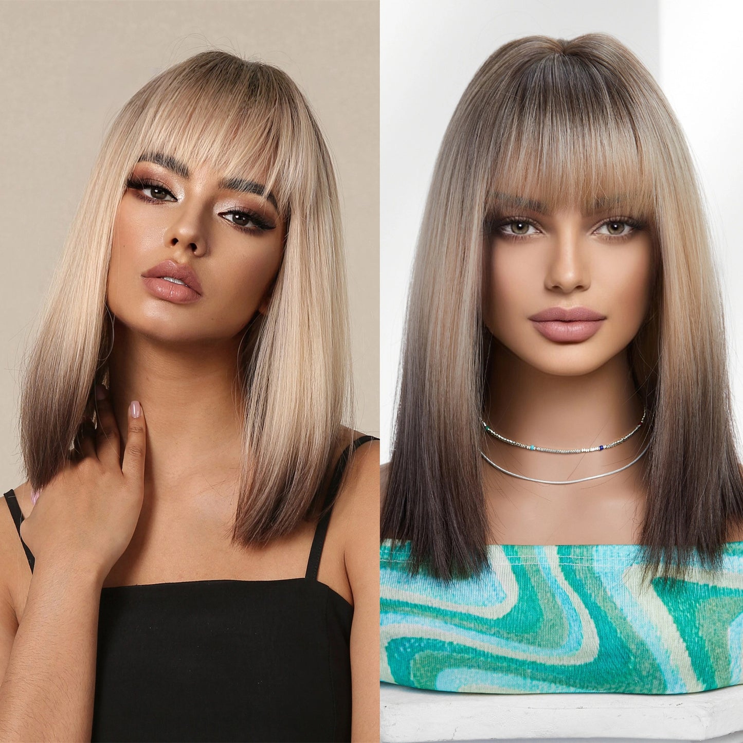 Ash Blonde Rooted Short Bob Wig – Dark Brown to Platinum Balayage Synthetic Hair
