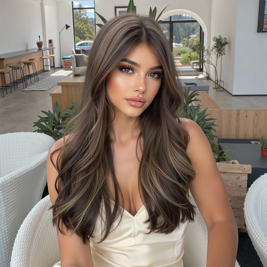 Chestnut Brown Balayage Long Wavy Wig with Bangs - Full Body Wave Synthetic Hair 22 Inch - Synthetic Wig view 5