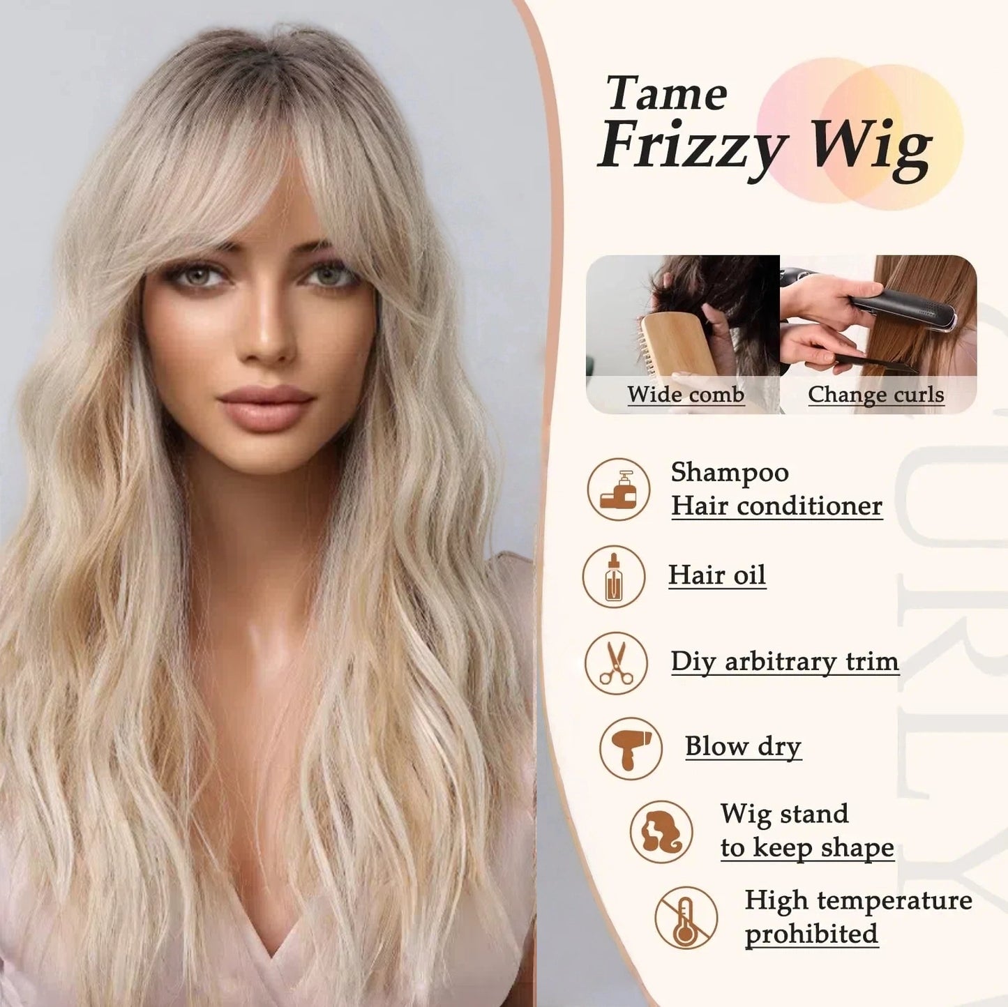 Platinum Blonde Long Body Wave Wig with Bangs – Rooted Ash Golden Synthetic Hair