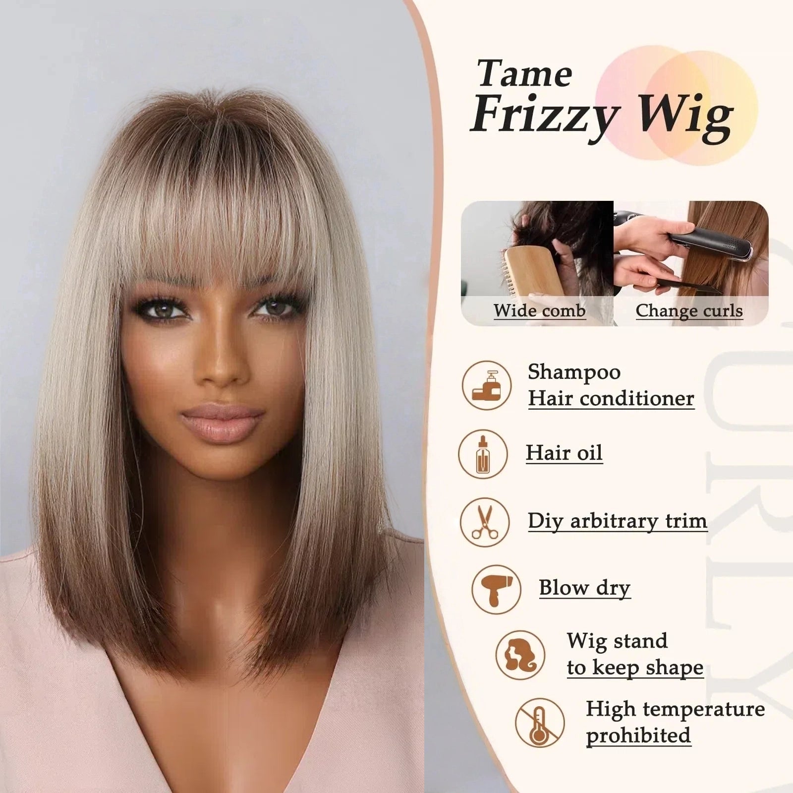 Ash Blonde Rooted Short Bob Wig – Dark Root Silver Tip Synthetic Hair