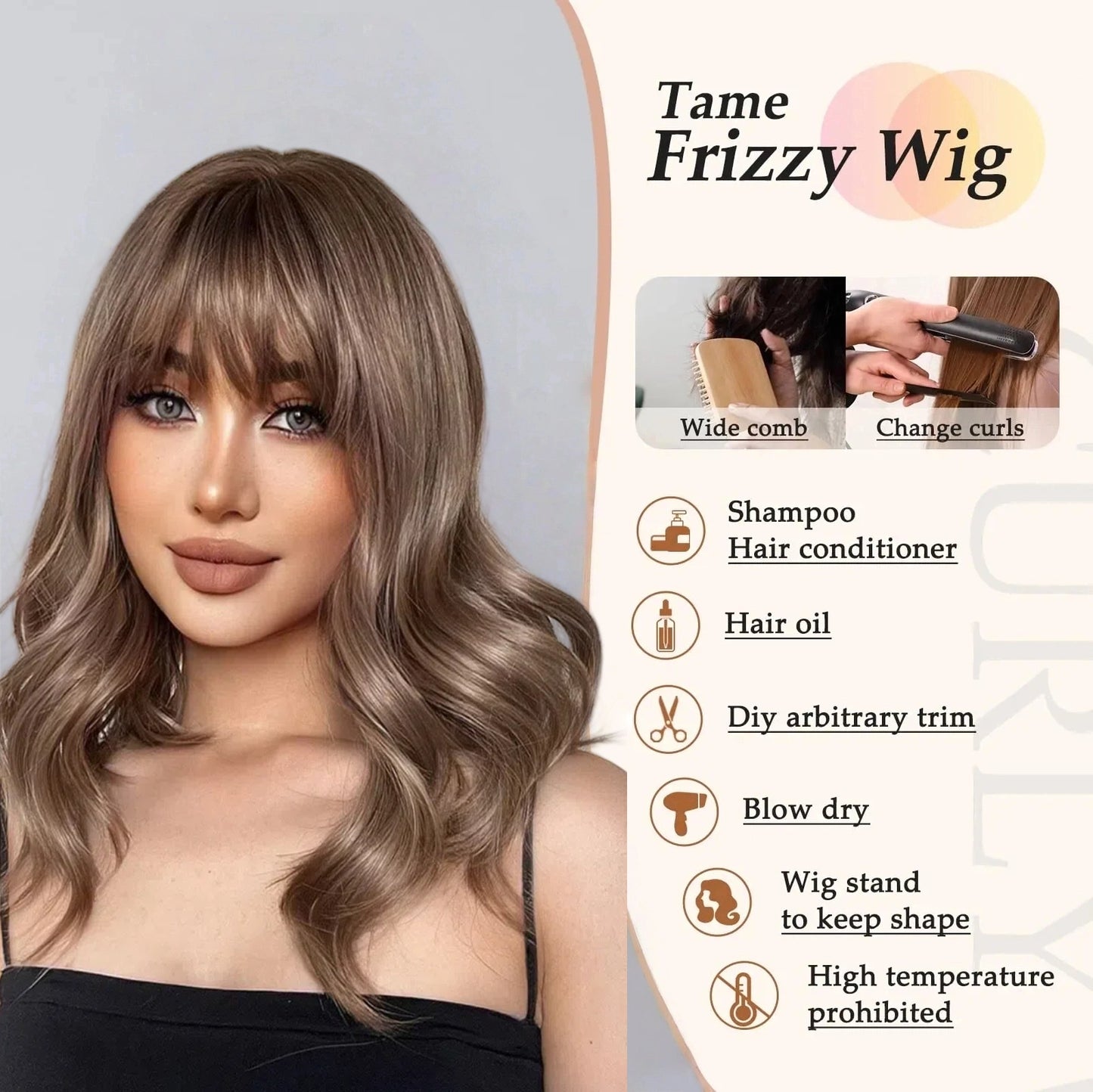 Ash Brown Balayage Body Wave Wig with Bangs – Caramel Honey Blonde Highlights