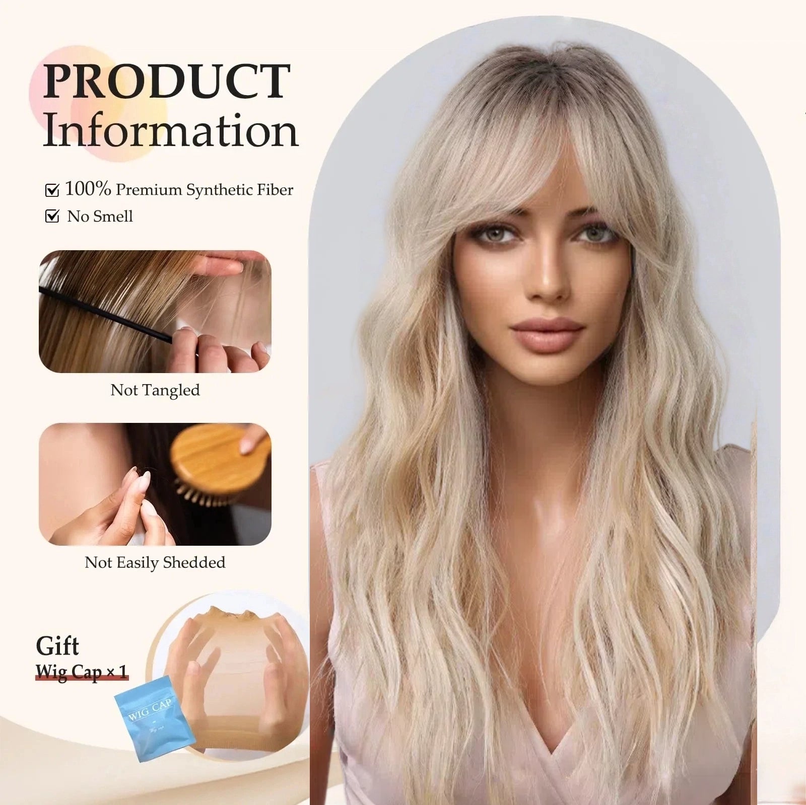 Platinum Blonde Long Body Wave Wig with Bangs – Rooted Ash Golden Synthetic Hair
