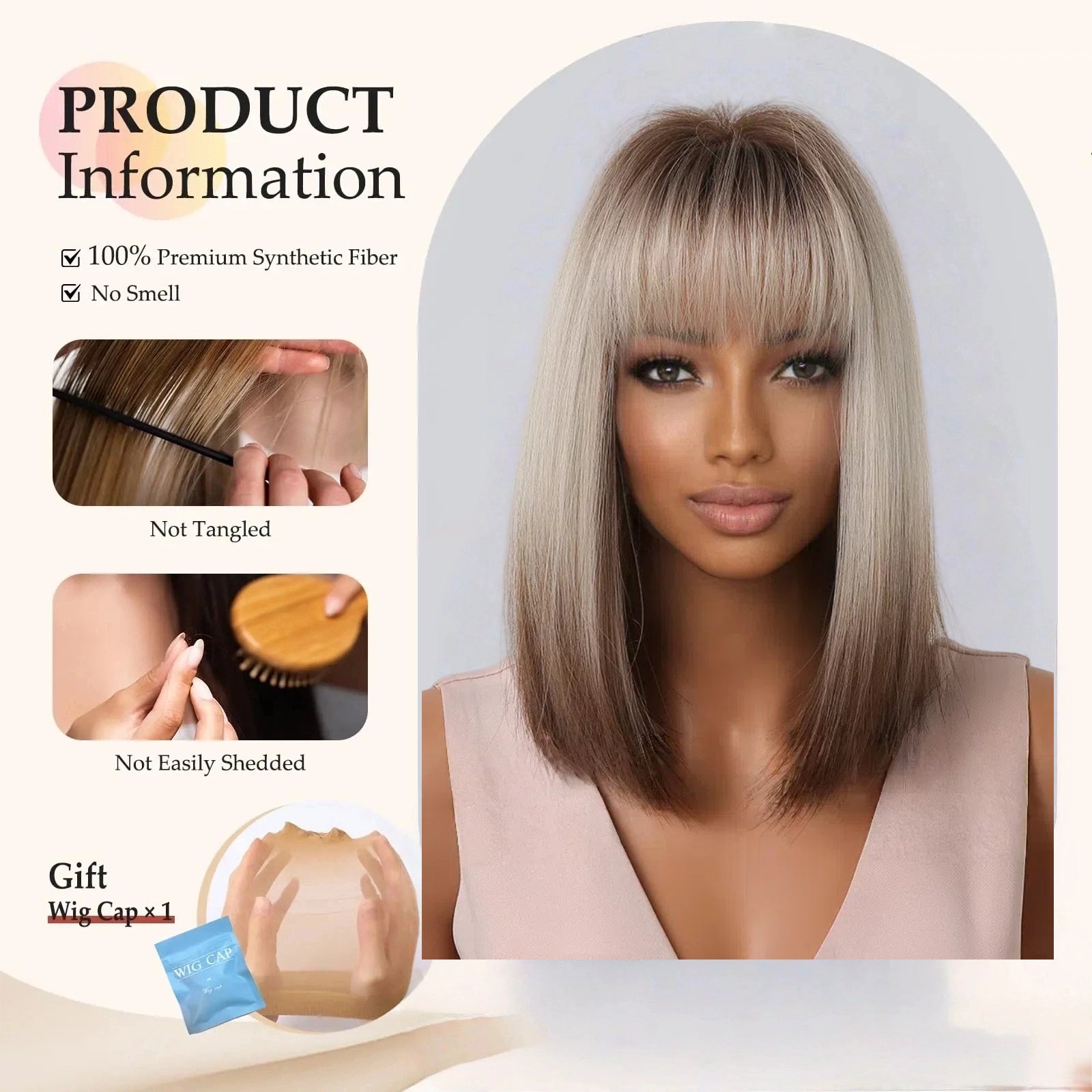 Ash Blonde Rooted Short Bob Wig – Dark Root Silver Tip Synthetic Hair
