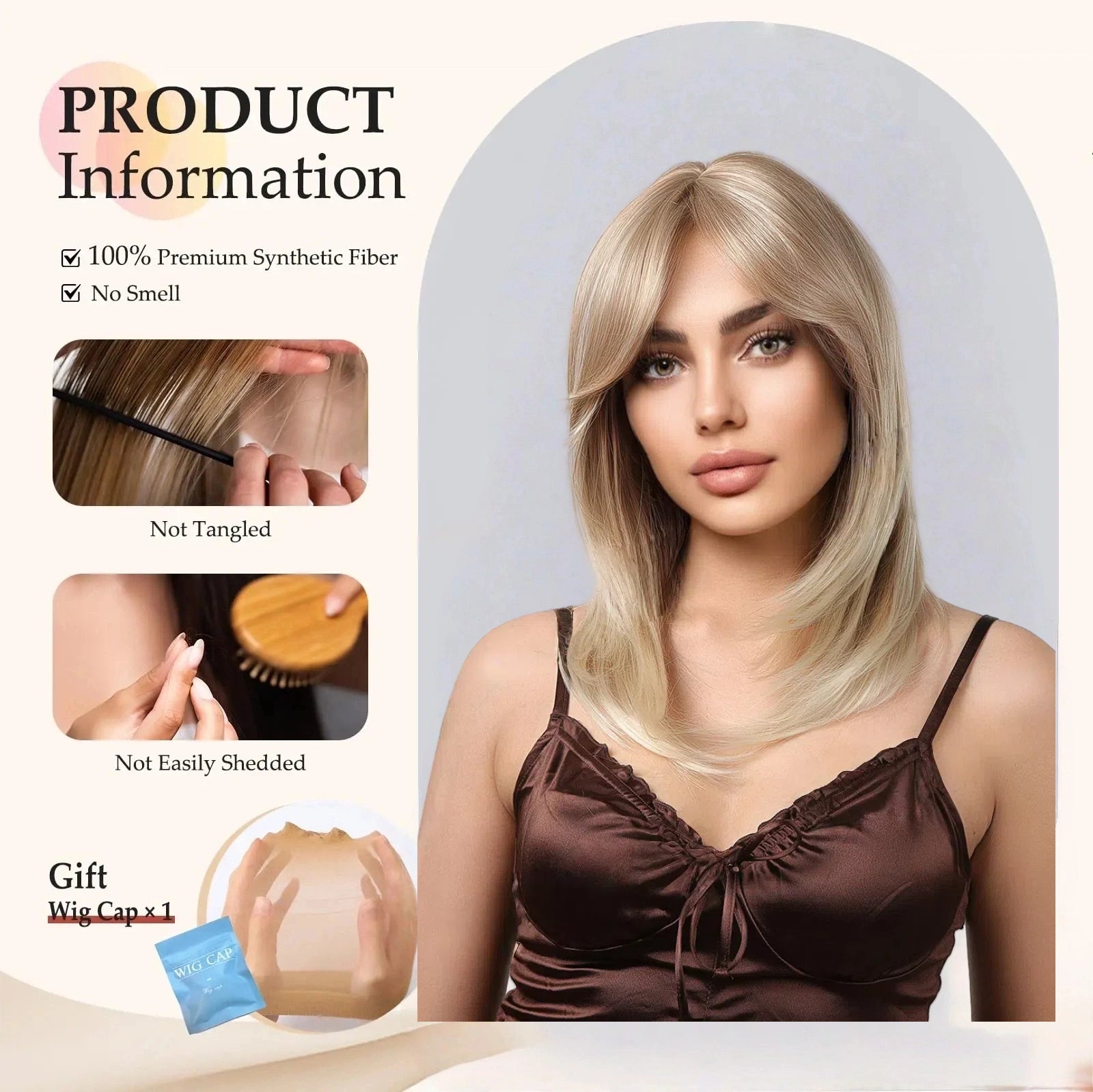 Ash Blonde Shoulder Length Wig - Dark Rooted Platinum Tips Straight Synthetic Hair