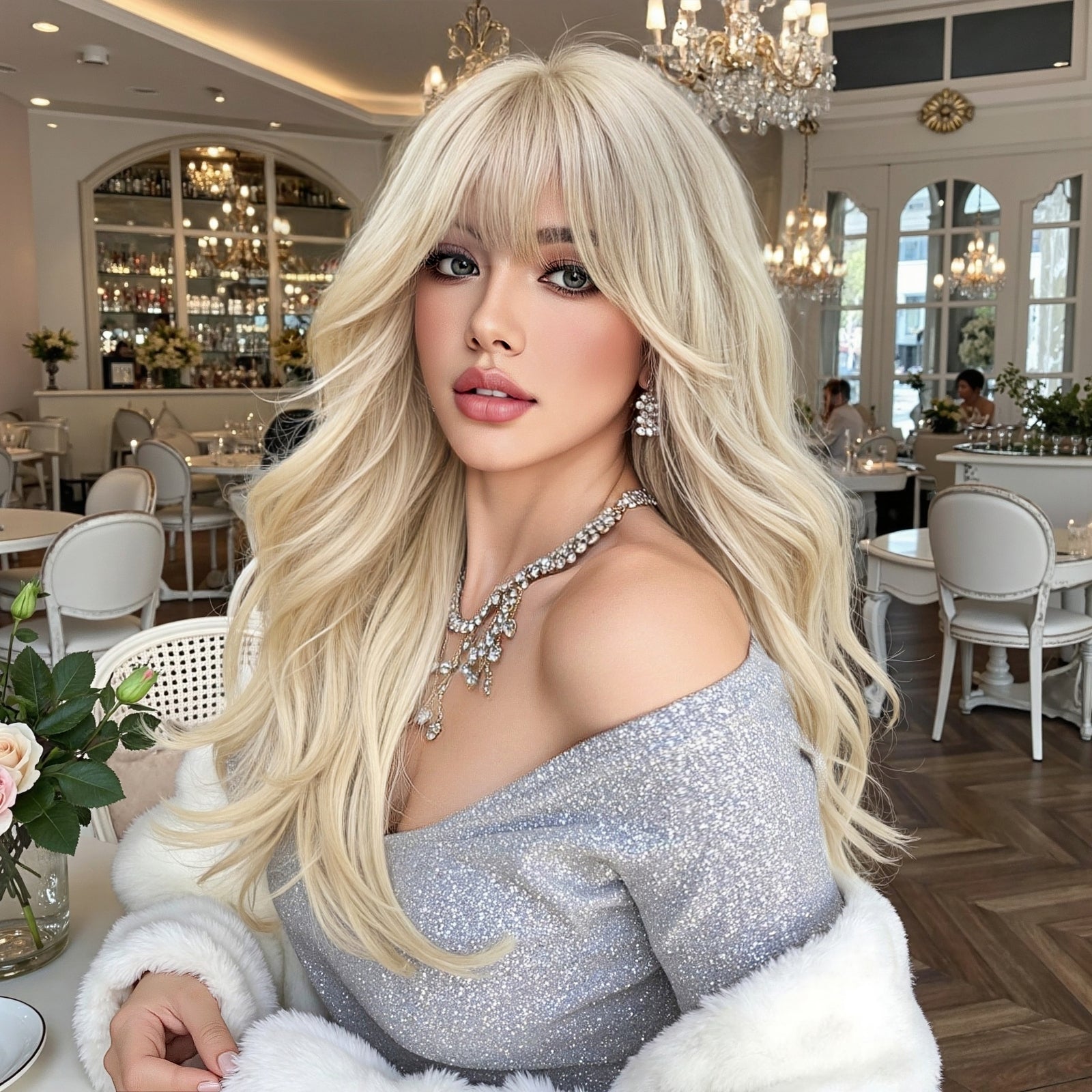 22 Inch Ash Blonde Long Wavy Wig with Bangs - Synthetic Hair