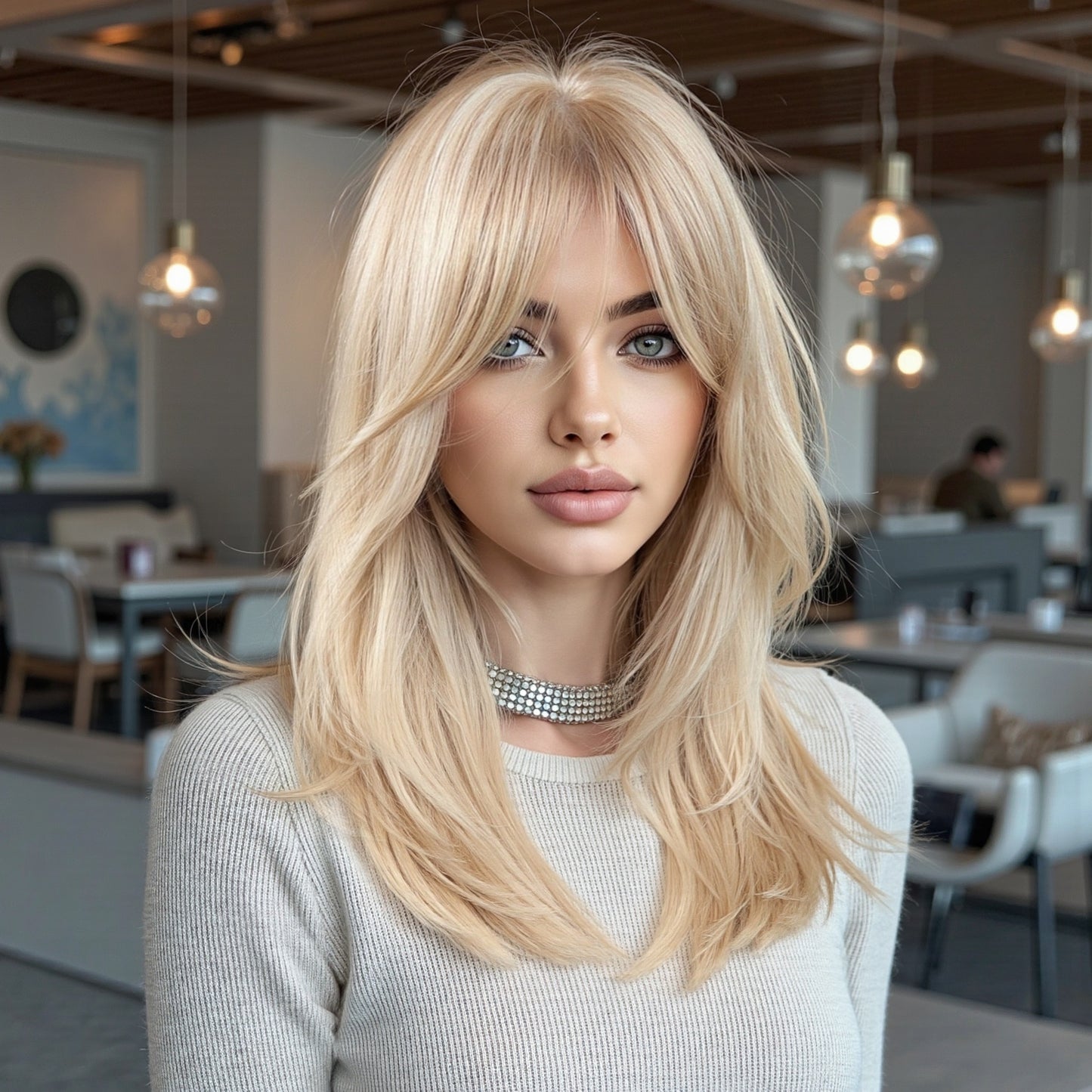 Platinum Blonde Balayage Mid-Length Wavy Wig - Layered Synthetic Hair 18 Inch - Synthetic Wig view 2