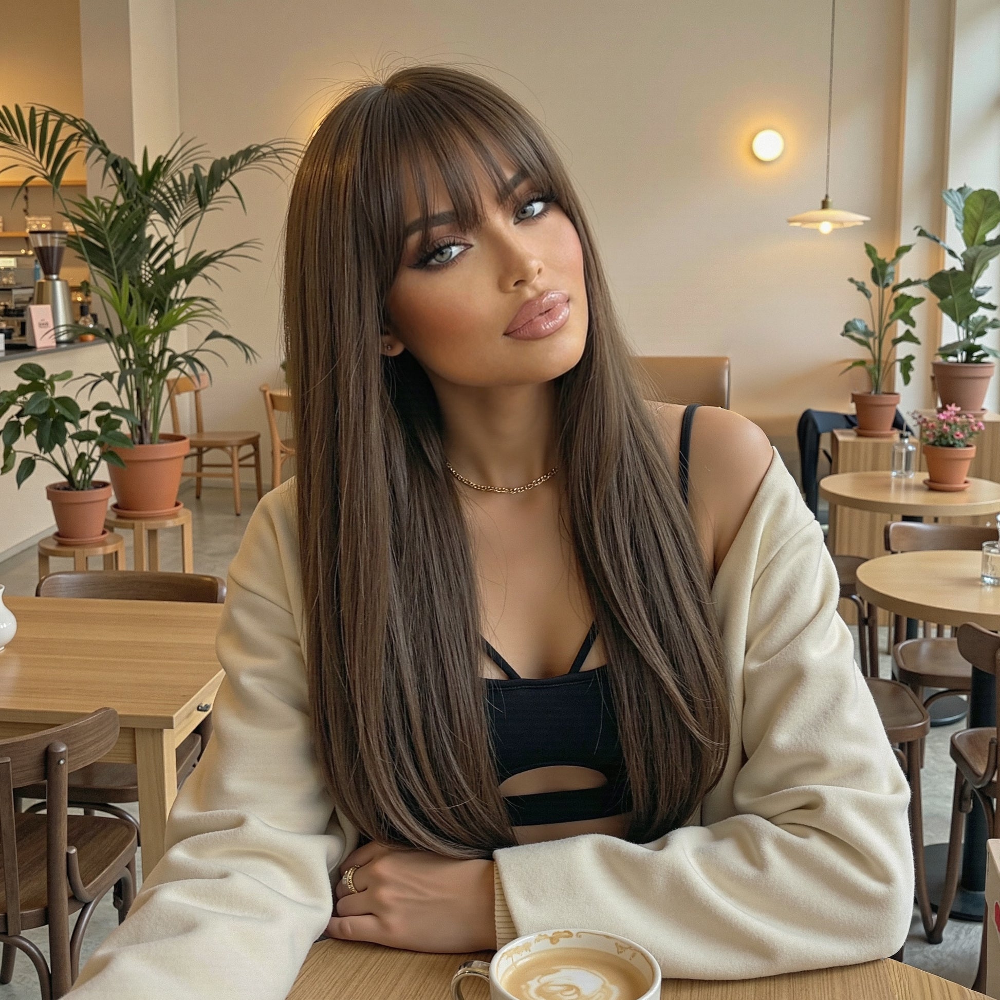 Warm Brown Long Wavy Wig with Bangs – Layered Synthetic Hair 24 Inch product image