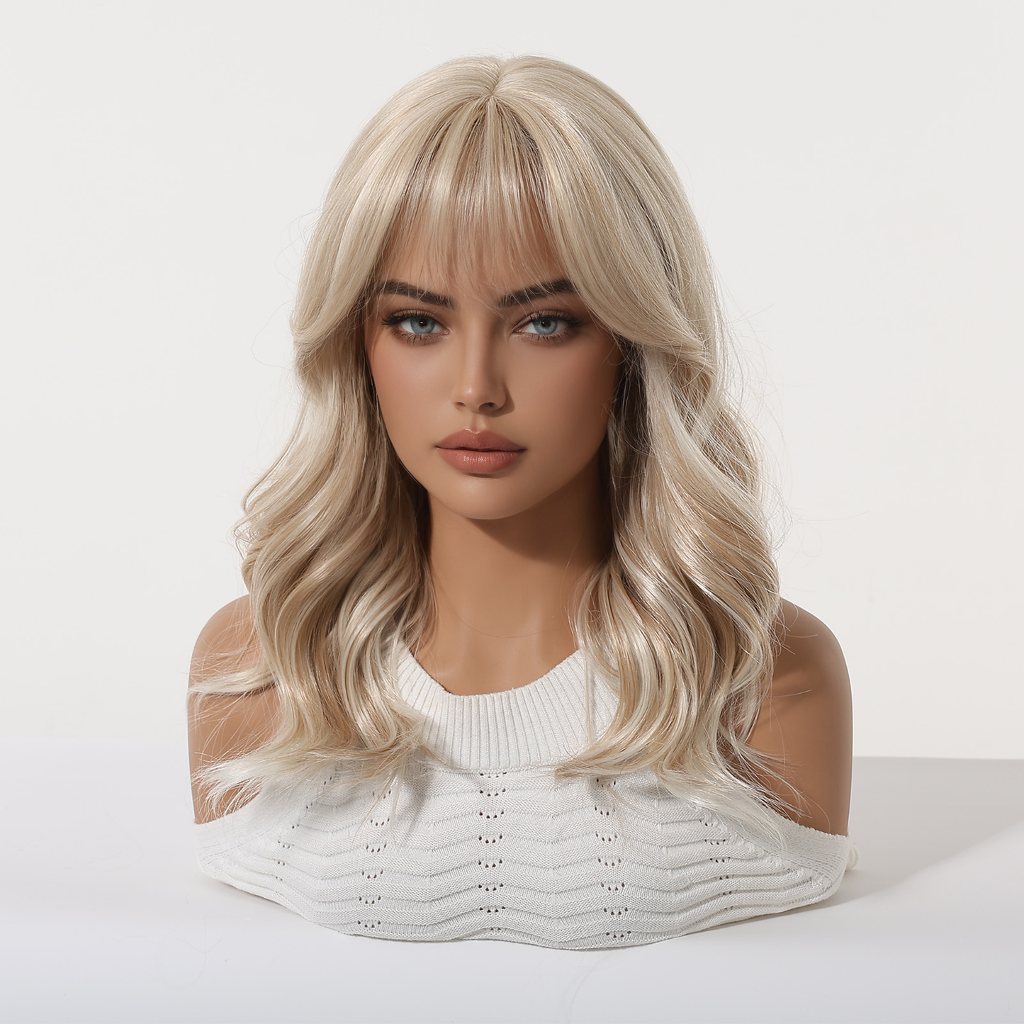 Ash Blonde Mid-Length Straight Wig with Bangs – Layered Synthetic Hair 16 Inch