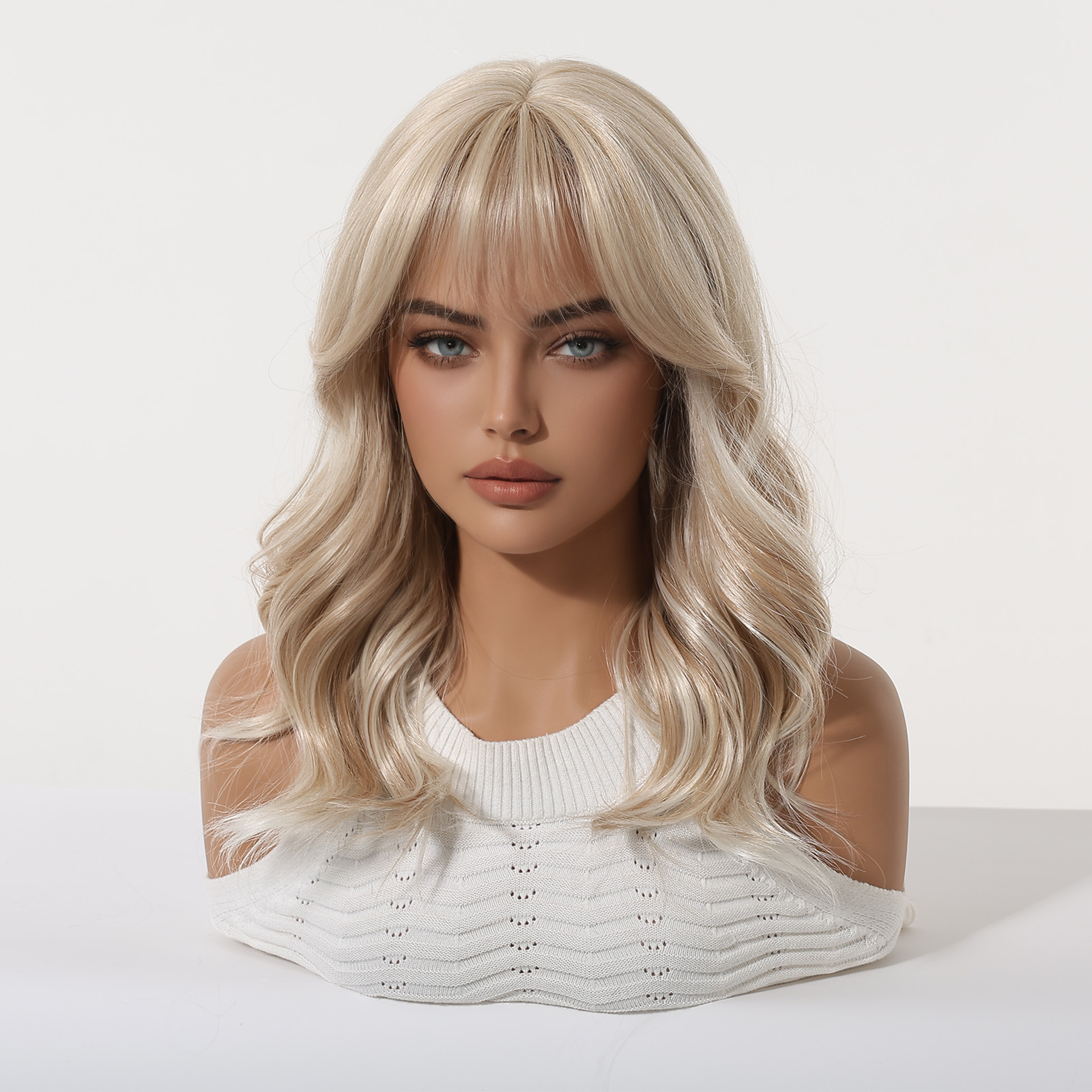Ash Blonde Mid-Length Straight Wig with Bangs – Layered Synthetic Hair 16 Inch