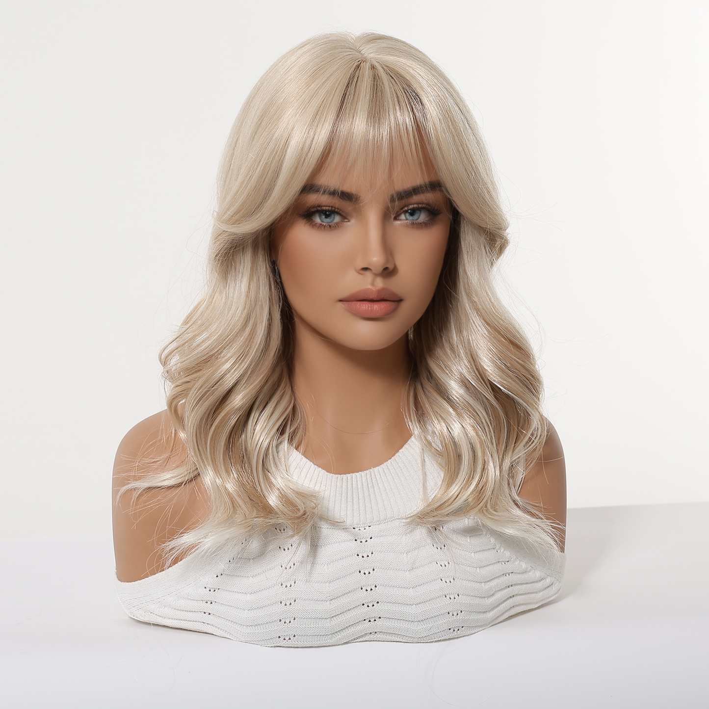 Ash Blonde Mid-Length Straight Wig with Bangs – Layered Synthetic Hair 16 Inch