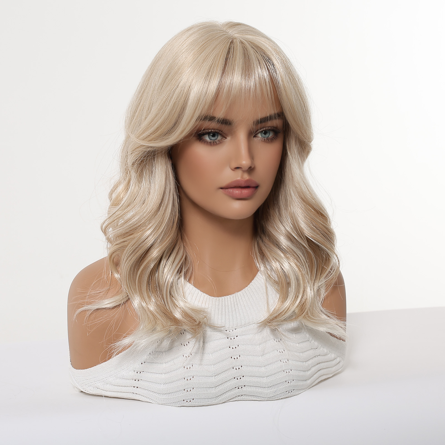Ash Blonde Mid-Length Straight Wig with Bangs – Layered Synthetic Hair 16 Inch