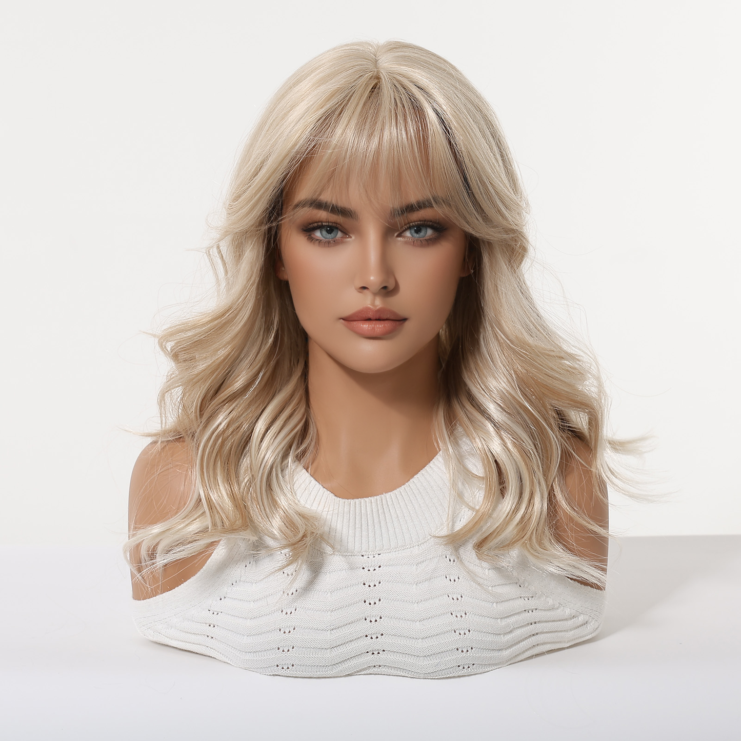 Ash Blonde Mid-Length Straight Wig with Bangs – Layered Synthetic Hair 16 Inch