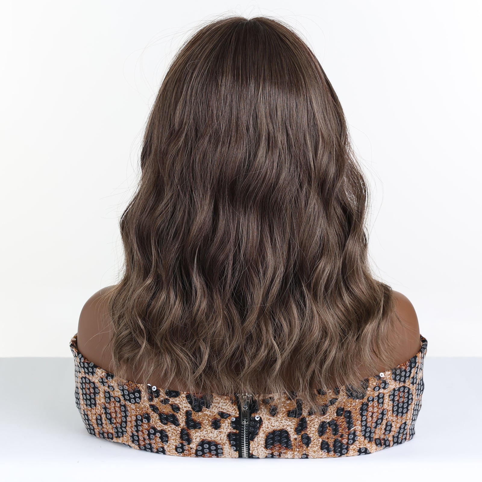 warm chestnut brown balayage 14 inch wavy bob synthetic wig with bangs front view