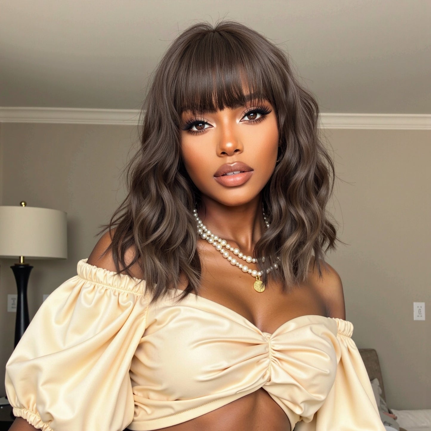 14 inch chestnut brown balayage synthetic lob wig with bangs styling view