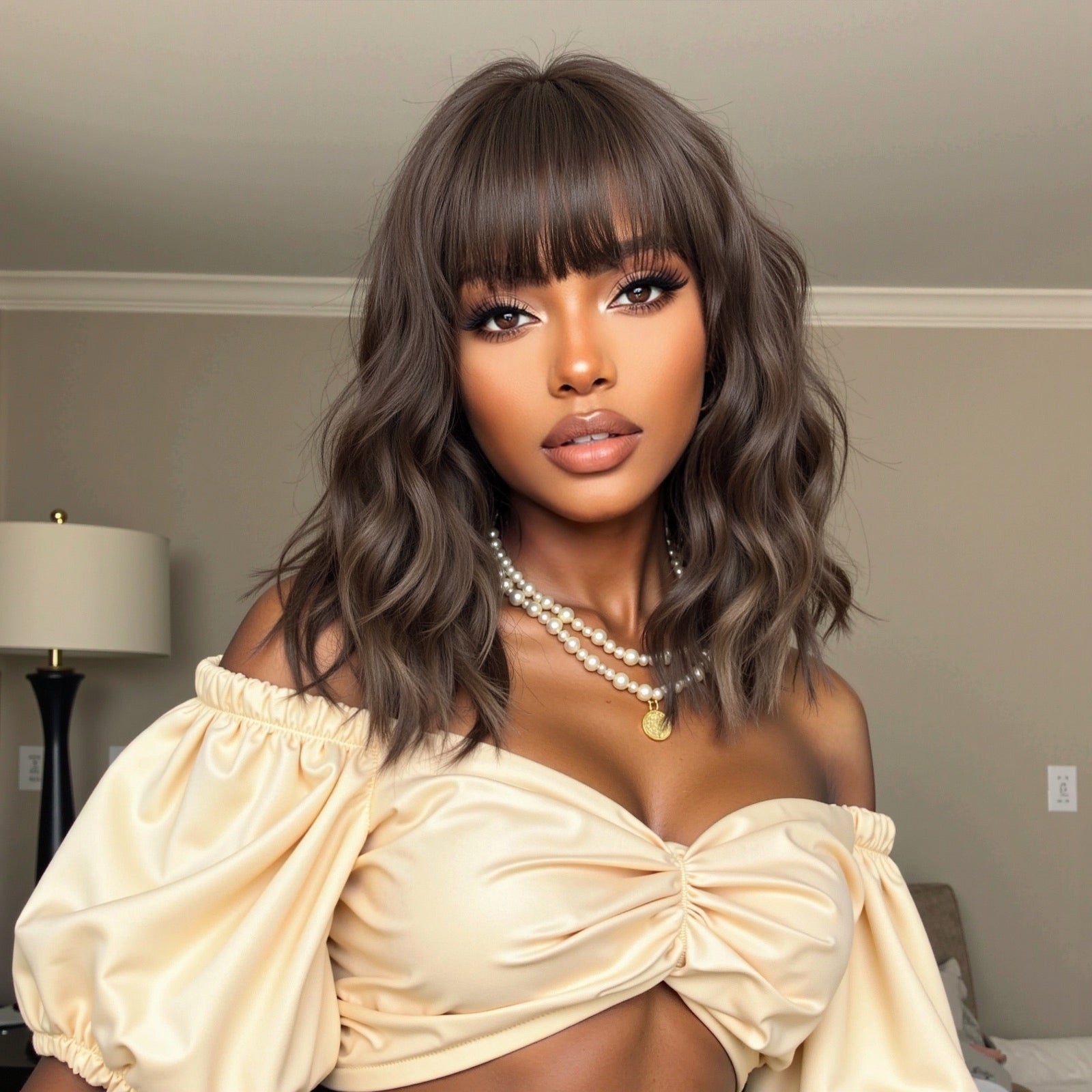 14 inch chestnut brown balayage synthetic lob wig with bangs styling view