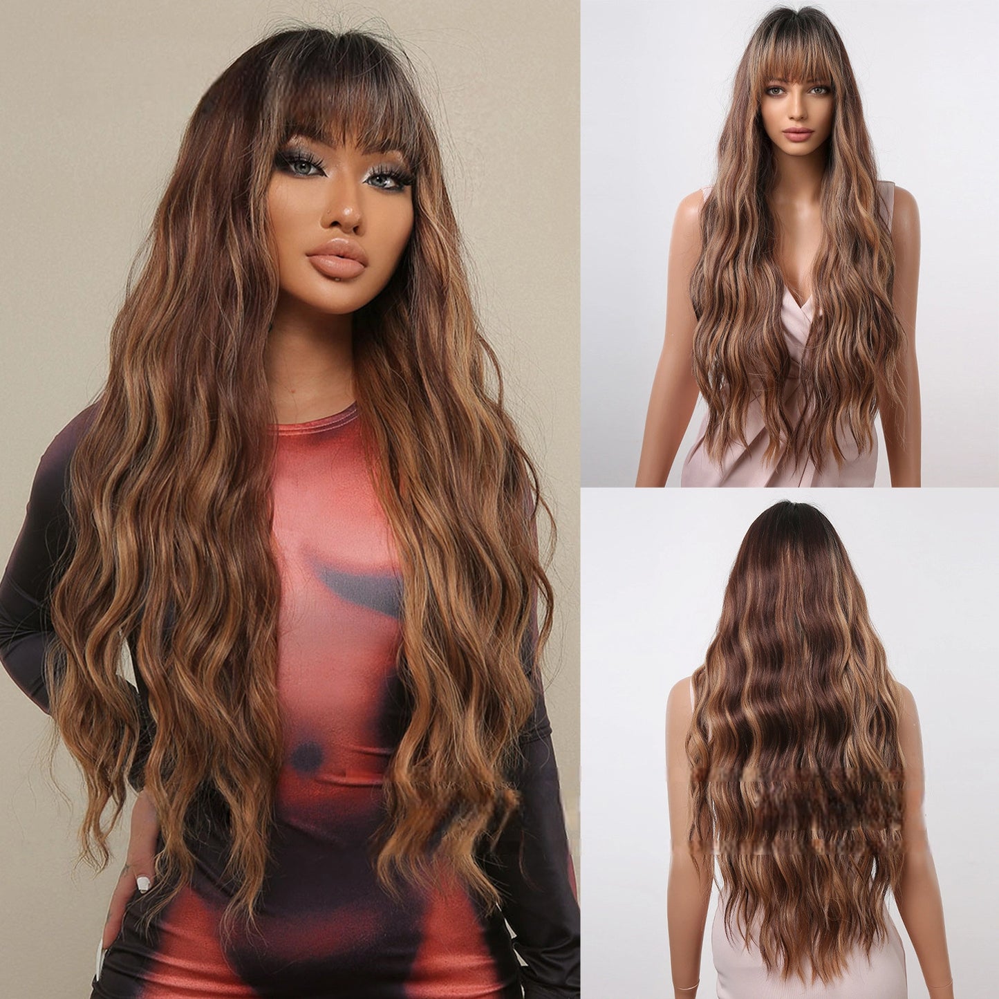 Brown Balayage Long Wavy Wig with Air Bangs - Sun-Kissed Caramel Highlights - Synthetic Wig view 3