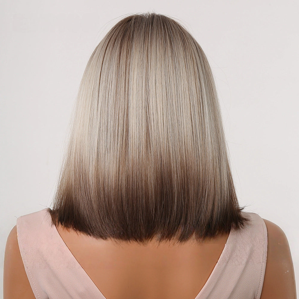 Ash Blonde Rooted Short Bob Wig – Dark Root Silver Tip Synthetic Hair