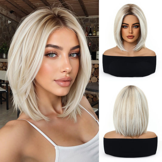 12 inch platinum ash blonde short bob wig with bangs - layered synthetic wig product view 1