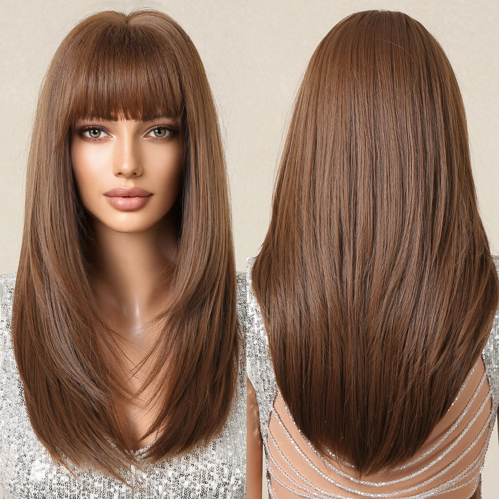 Ash Brown Long Straight Wig with Bangs – Caramel Honey Blonde Highlights