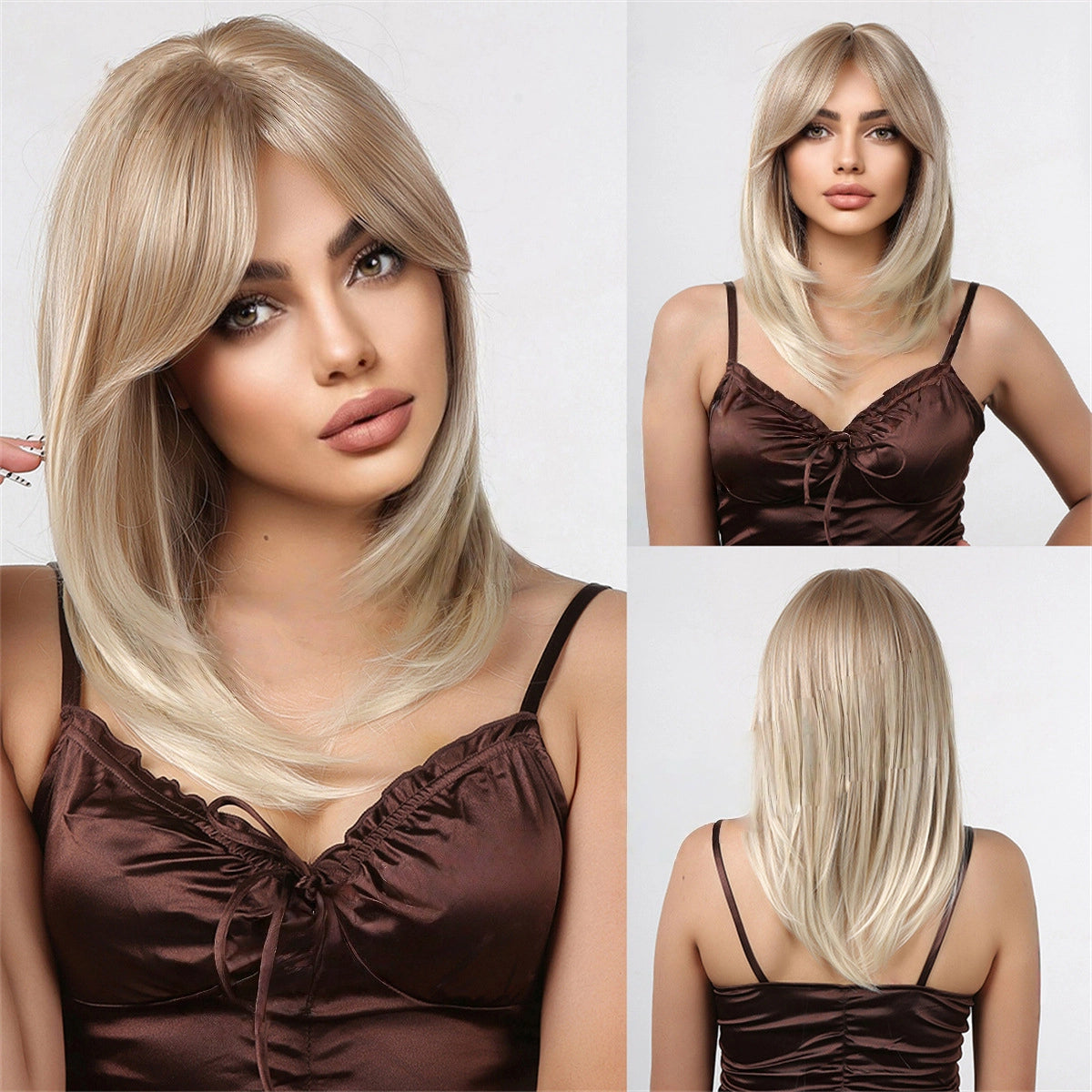 Ash Blonde Shoulder Length Wig - Dark Rooted Platinum Tips Straight Synthetic Hair
