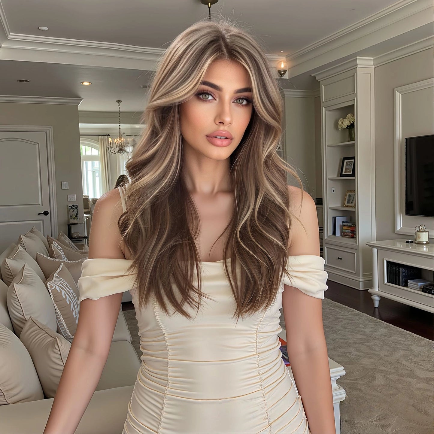 Ash Brown Honey Blonde Balayage Body Wave Wig – Caramel Highlighted Synthetic Hair 20 Inch product image