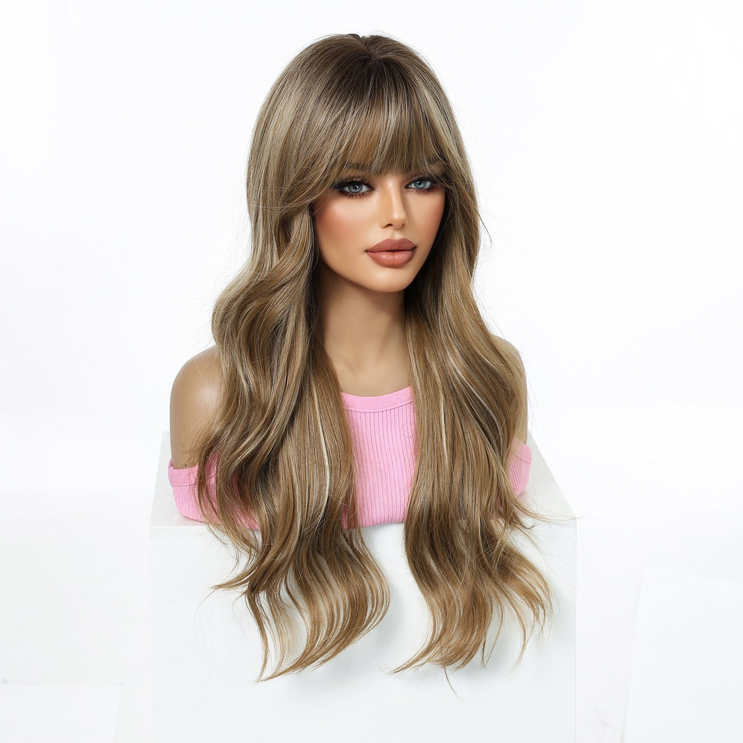 24 Inch Brown Balayage Body Wave Wig with Bangs - Synthetic Hair
