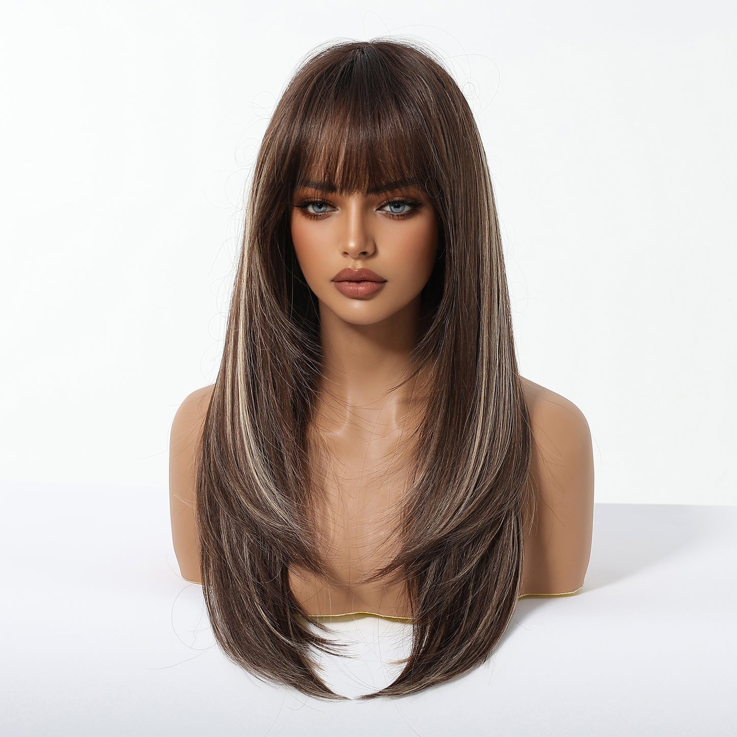 Chestnut Brown Balayage Long Wavy Wig with Bangs - Layered Synthetic Hair 22 Inch - Synthetic Wig view 3