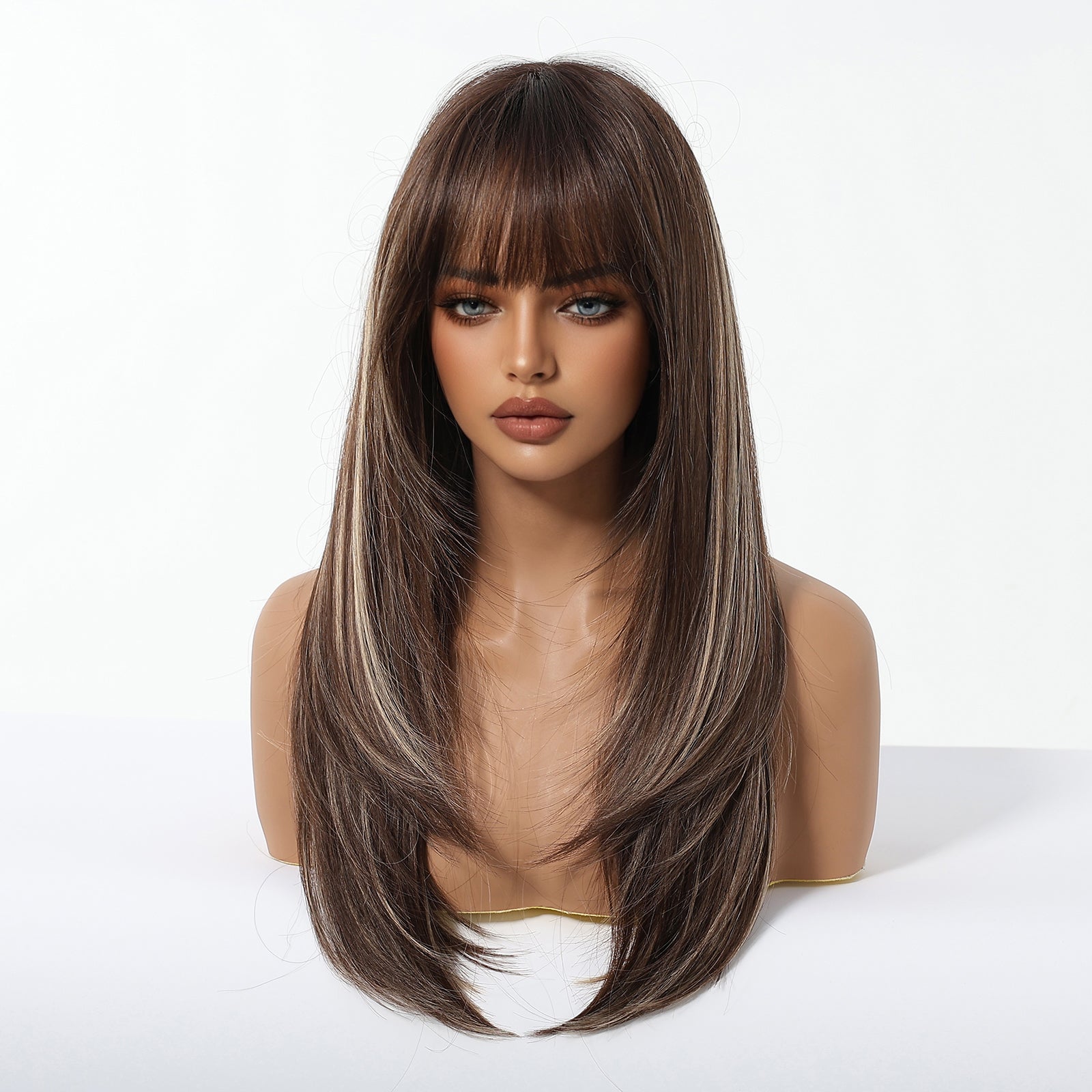 Chestnut Brown Balayage Long Wavy Wig with Bangs - Layered Synthetic Hair 22 Inch - Synthetic Wig view 3