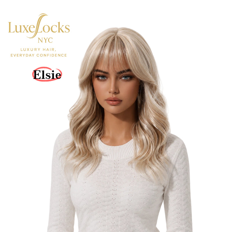 Ash Blonde Mid-Length Straight Wig with Bangs – Layered Synthetic Hair 16 Inch